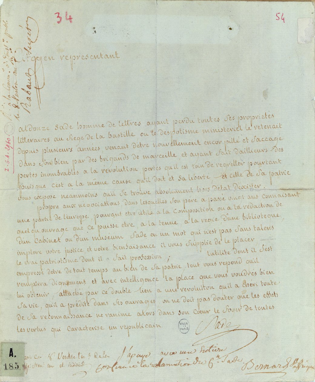 Petição de Aldonze Sade para emprego, 1794-95 (caneta e tinta no papel) de French School