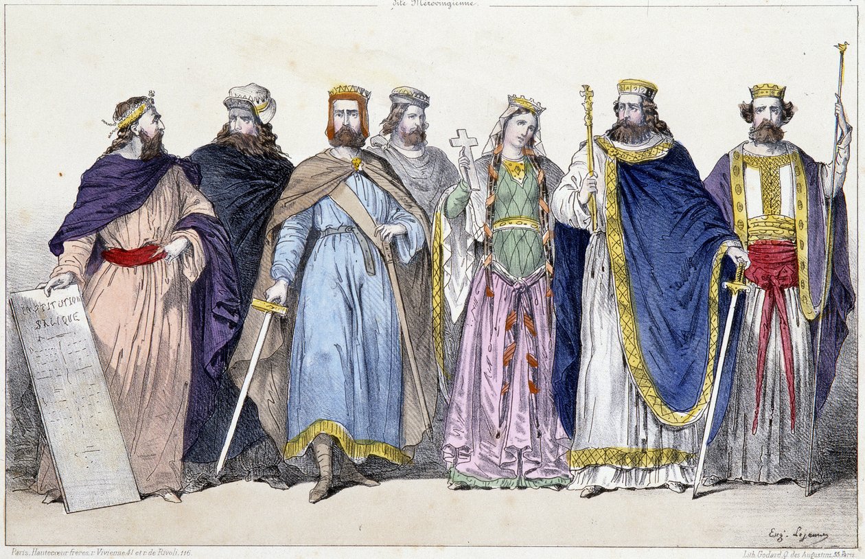 Pharamond, Clodion, Merovee, Childeric, Clotilde, Clovis 1st e Childebert 1st - em "La monarchie francaise en estampes". de French School