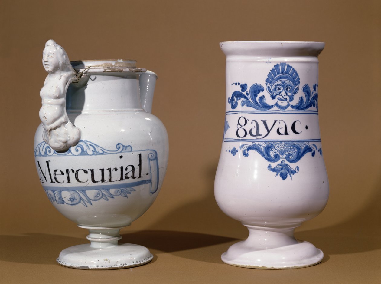 Frascos Farmacêuticos para Mercurial e Gayac, dois medicamentos utilizados no tratamento da sífilis, final do século XVII ou início do século XVIII (cerâmica) de French School