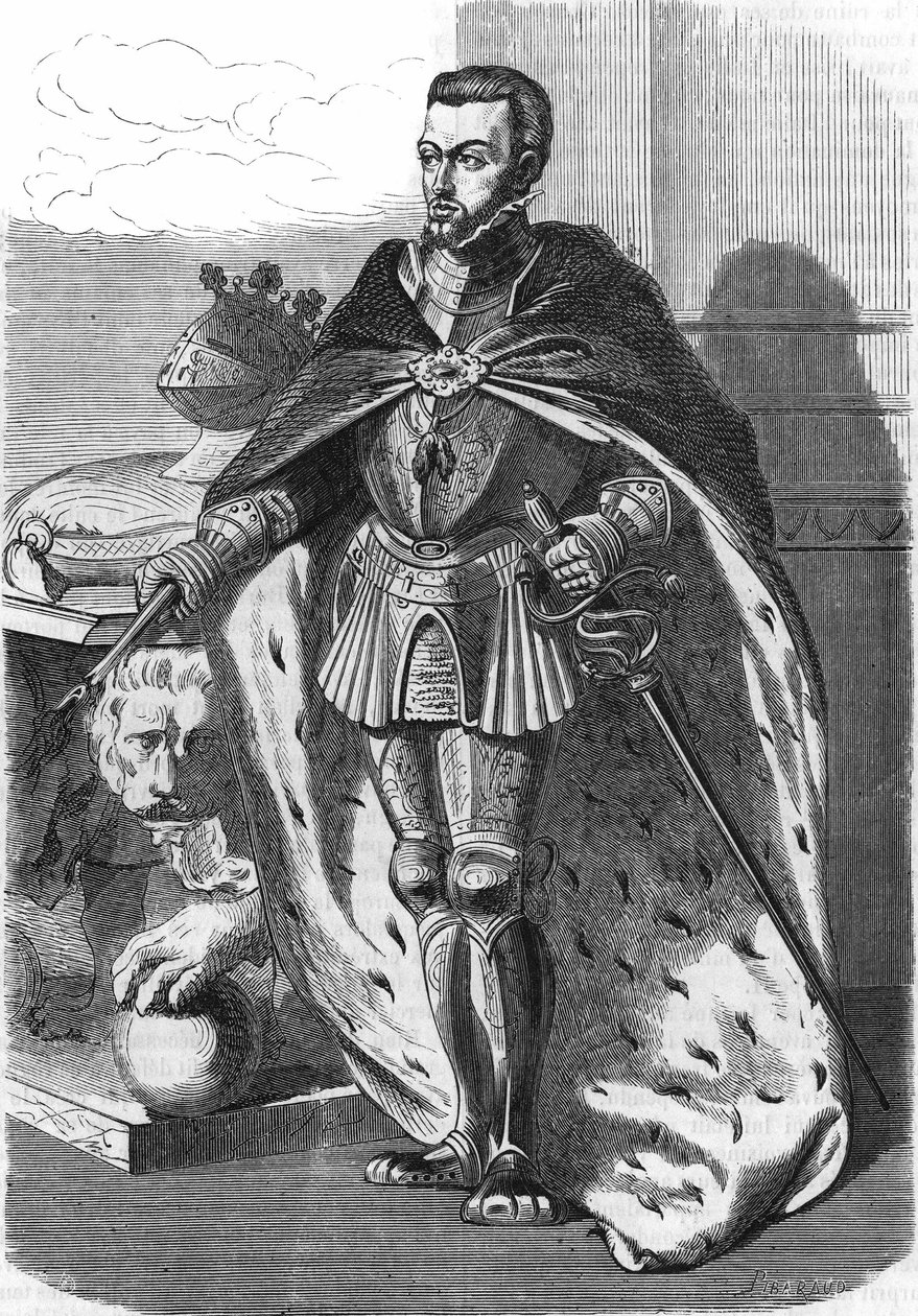 Filipe II (1527-1598), Rei de Espanha. Em "Histoire Populaire de la France", sd. circa 1885. Gravura. de French School