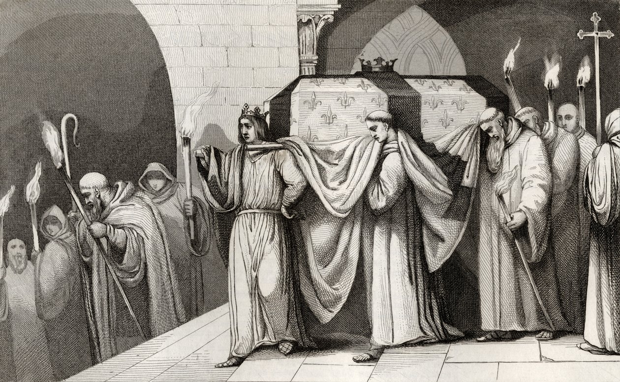 Philippe III (1245-85) o Negrito ajuda a carregar o caixão de seu pai, de &39;Histoire de France&39; por Colart, publicado em 1840 de French School