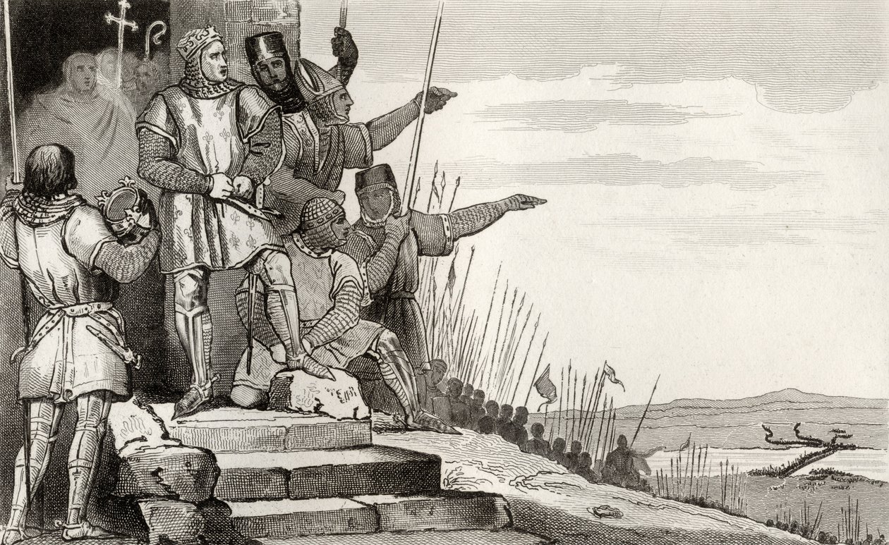 Philippe II Auguste (1165-1223) vence a batalha de Bouvines após a oração, de &39;Histoire de France&39; por Colart, publicada em 1840 de French School