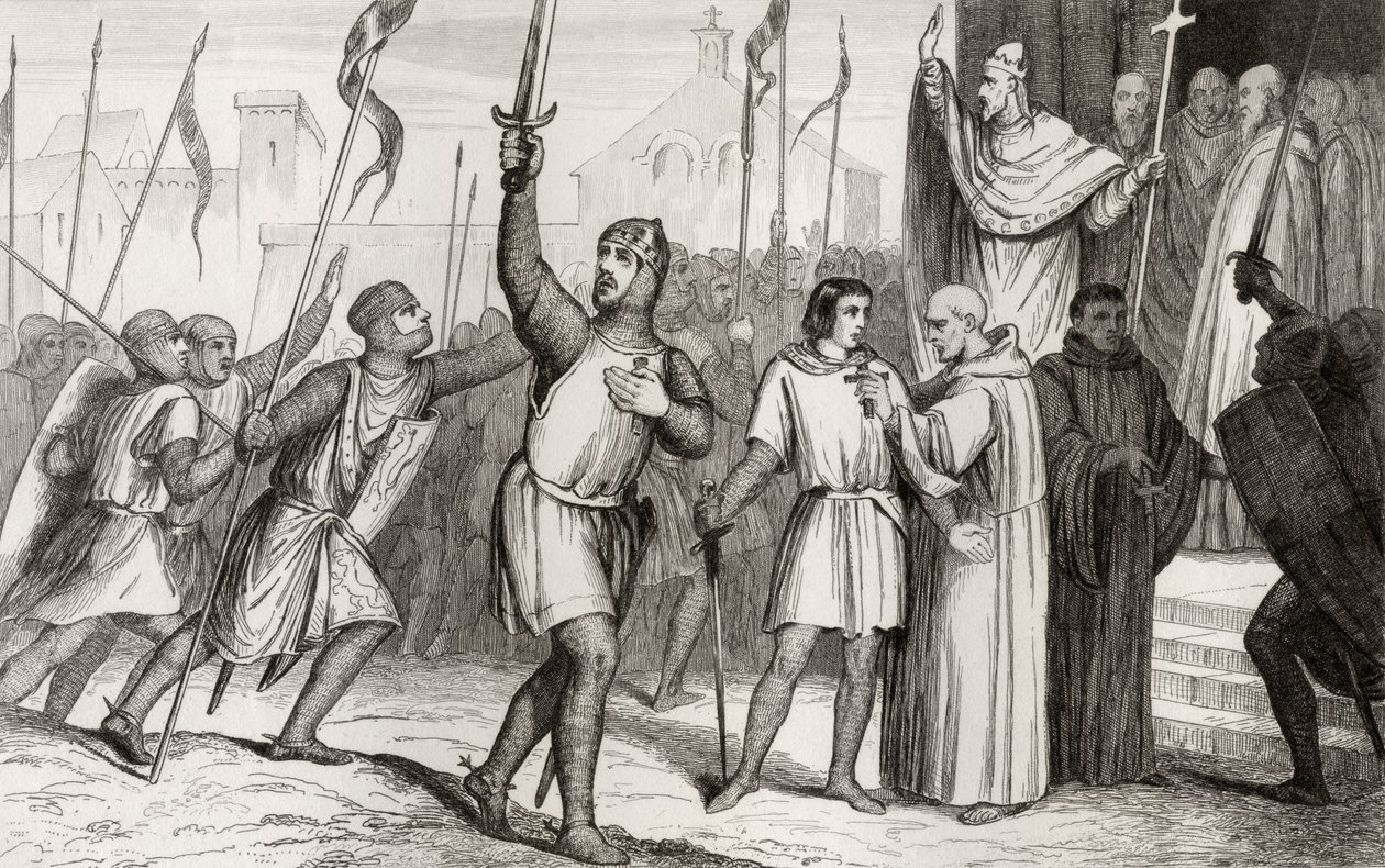 Filipe I (1052-1108) e o papa Urbano II (c. 1035-99) reuniram seguidores para a Primeira Cruzada em 1095, de &39;Histoire de France&39; de Colart, publicado em 1840 de French School
