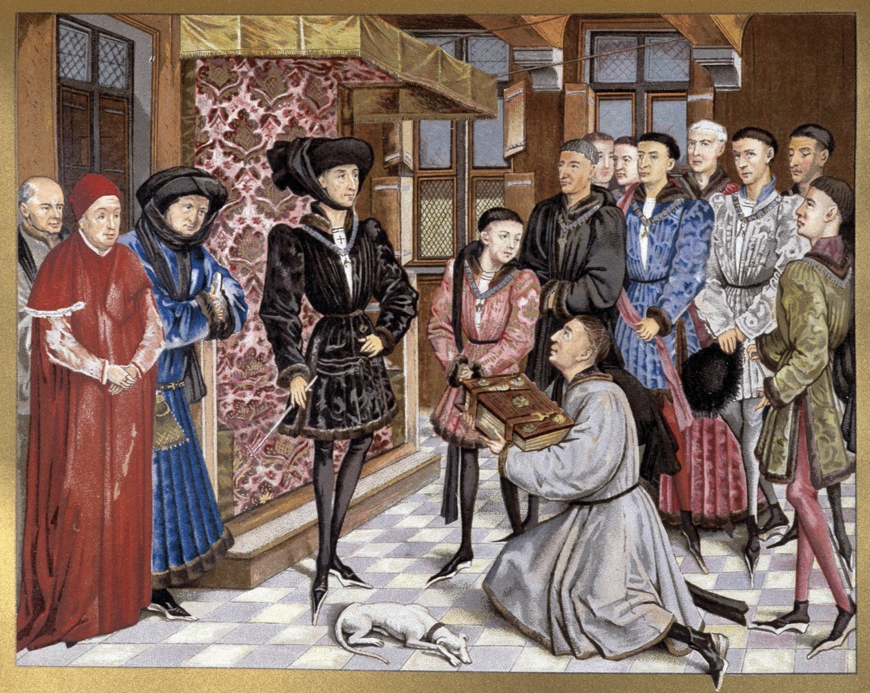 Philippe Le Bon e Carlos, o Ousado, recebem a dedicatória de um livro de French School