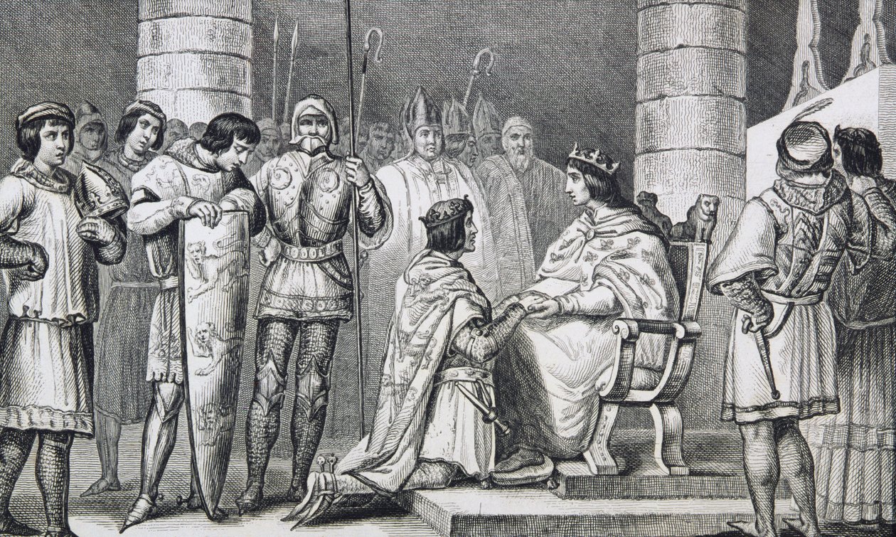 Filipe VI (1293-1350) de Valois presta homenagem a Eduardo III (1312-77) da Inglaterra, mas apenas como Duque de Aquitânia, de &39;Histoire de France&39; de Colart, publicado em 1840. de French School
