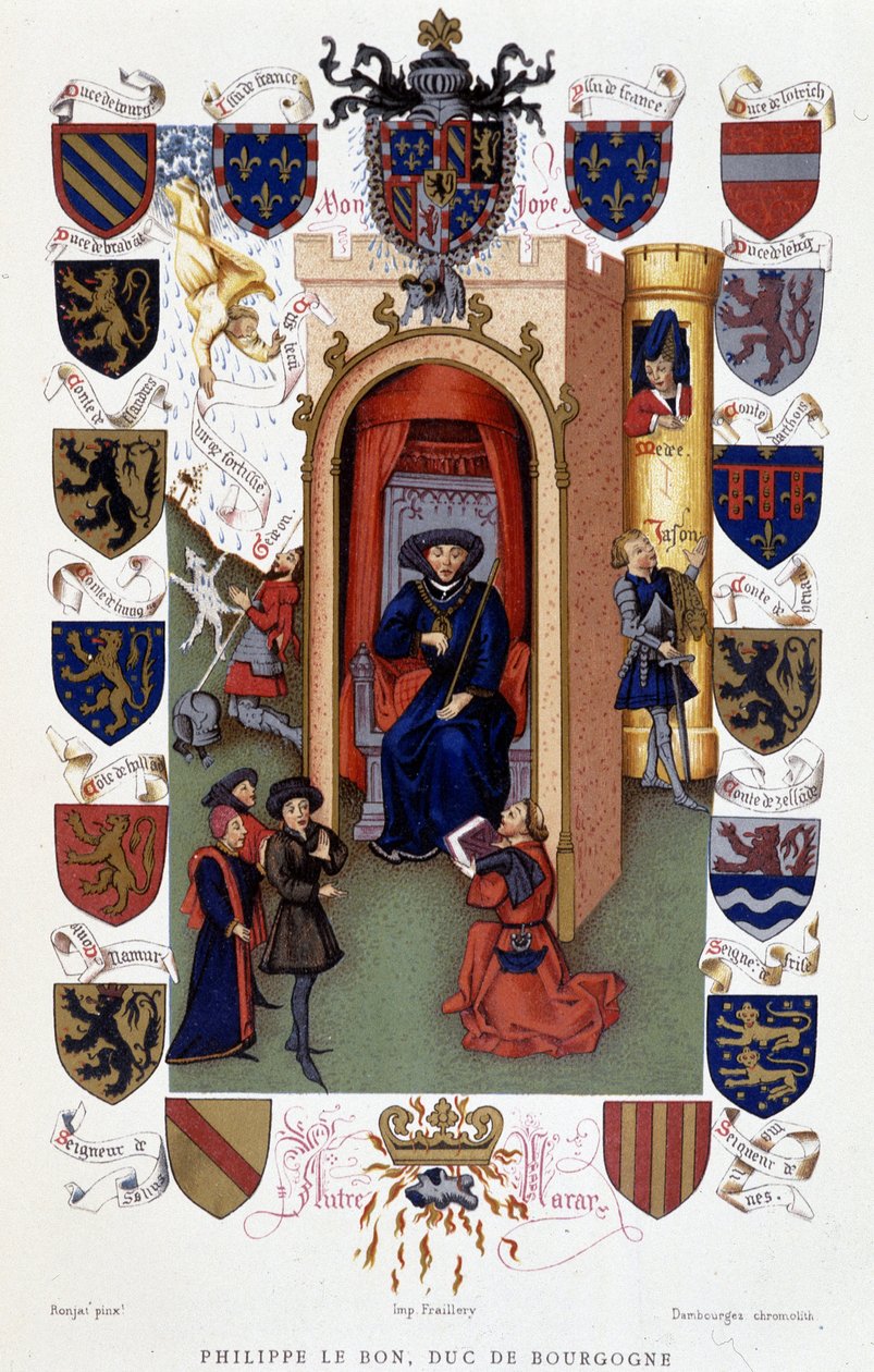 Philippe le Bon, duque de Borgonha, a receber a dedicatória de um livro (brasão de armas) de French School