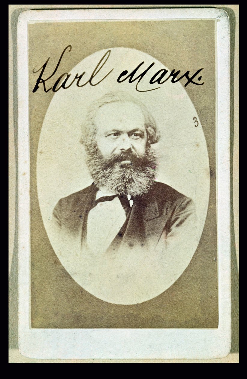 Cartão de visita fotográfica de Karl Marx (1818-1893) com sua assinatura de French School