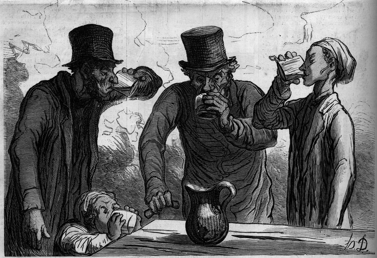 Fisiologia do bebedor: as quatro idades. Cartoon de Honore Daumier (1808-1879). Gravura em "Le Monde Illustré" n°289 de 25 de outubro de French School