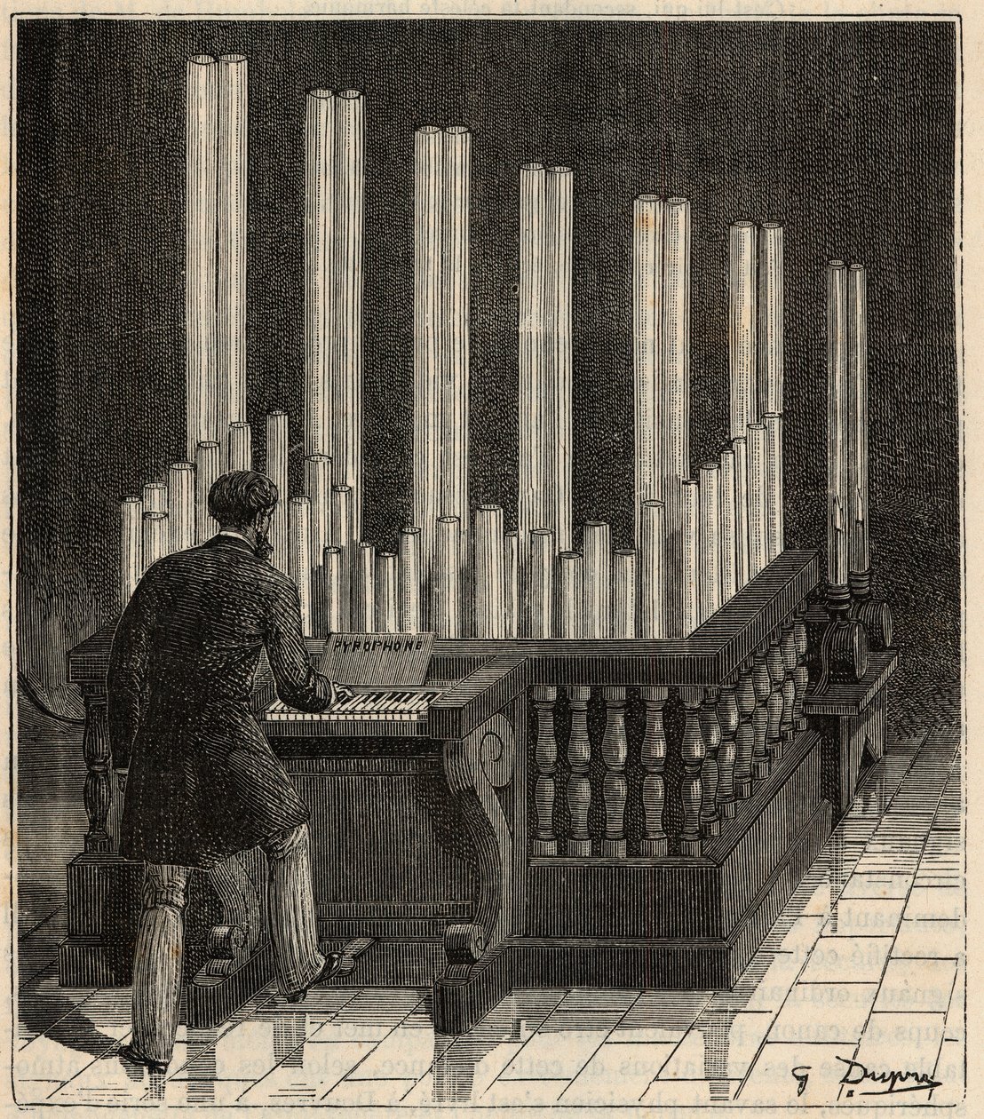 Piano a Gaz - (órgão de gás) Pirofone (órgão de fogo/explosão) (fogo/explosão calliope) Gravação em "Ciências trazidas à porta de todos - Física e química popular" por Alexis Clerc - Final do século XIX - Colecção privada de French School