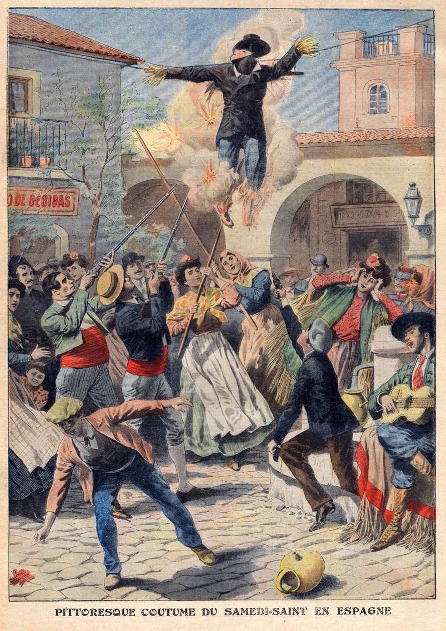 Pitoresco costume do sábado santo na Espanha: o povo faz um manequim de vime vestido com orquídeas (Judas) que são caminhadas pelas ruas, invectivas, baleadas e queimadas - ilustração do "The Petit Journal" de 31 de março de French School