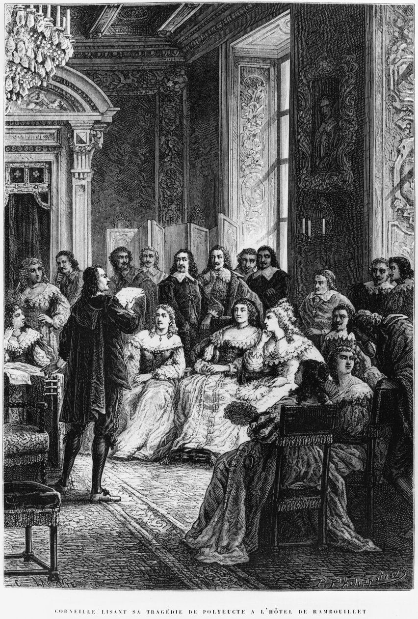 Pierre Corneille (1606-84) lendo Polyeucte no Hotel de Rambouillet, c.1880 de French School