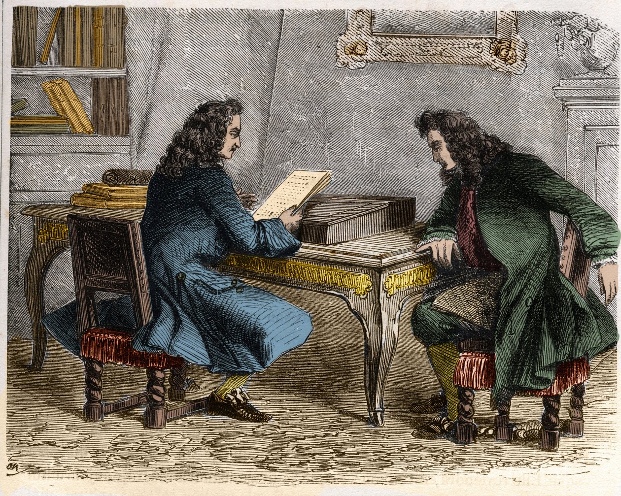 Pierre Corneille lendo o "Cid" para seu irmão Thomas Corneille antes de ir para Anne "Ninon" do Enclos (ou Ninon de Lenclos ou Ninon de Lanclos) de French School