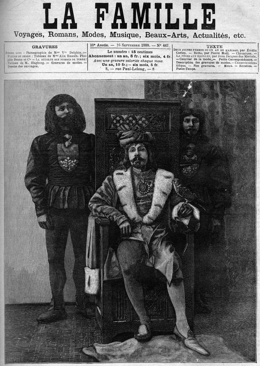 Pierre Loti em traje Louis XI recebendo seus convidados em seu castelo durante uma festa em uma decoração da época de Louis XI. Capa de "A Família", de 1888. de French School