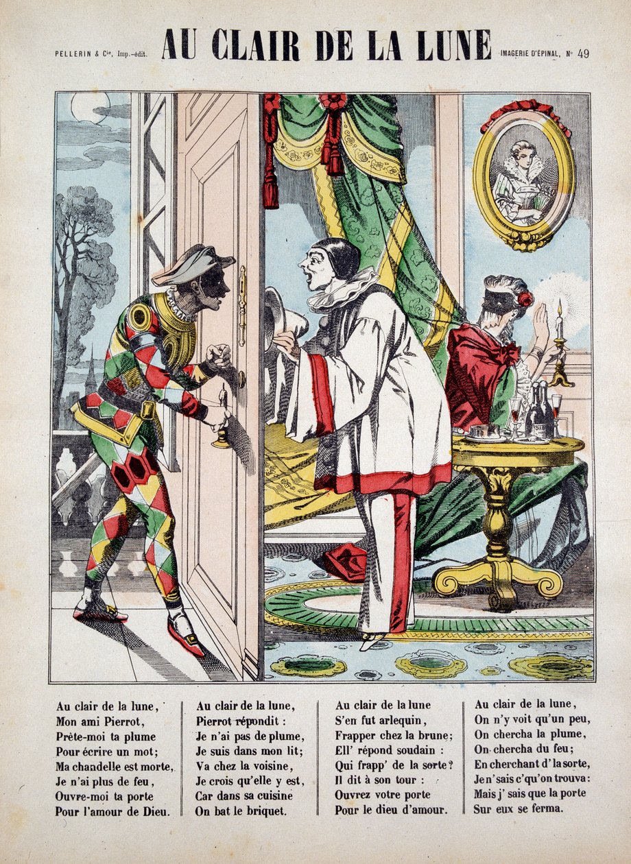 Pierrot, Arlequim e o vizinho, doentes. da canção "Au clair de la lune", imagem de Epinal de French School