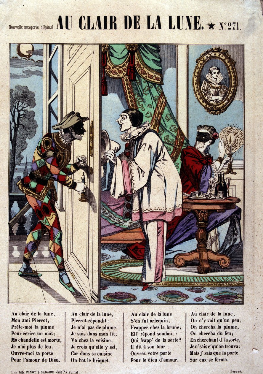 Pierrot, Arlequim e o vizinho, doentes. da canção "Au clair de la lune", imagem de Epinal de French School