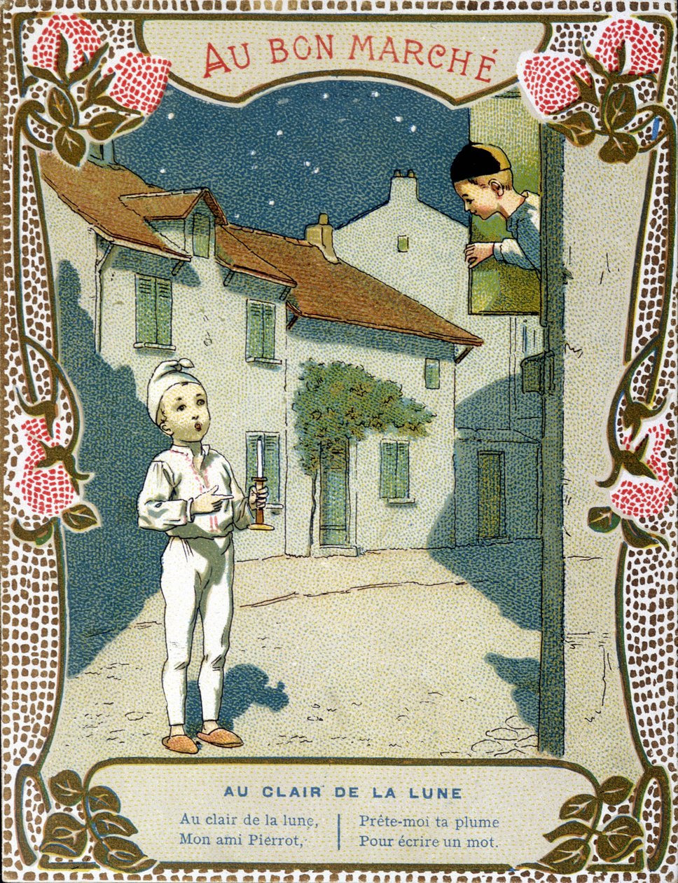 Pierrot com a vela, "Au clair de la lune" - rótulo de "Le Bon Marché". de French School