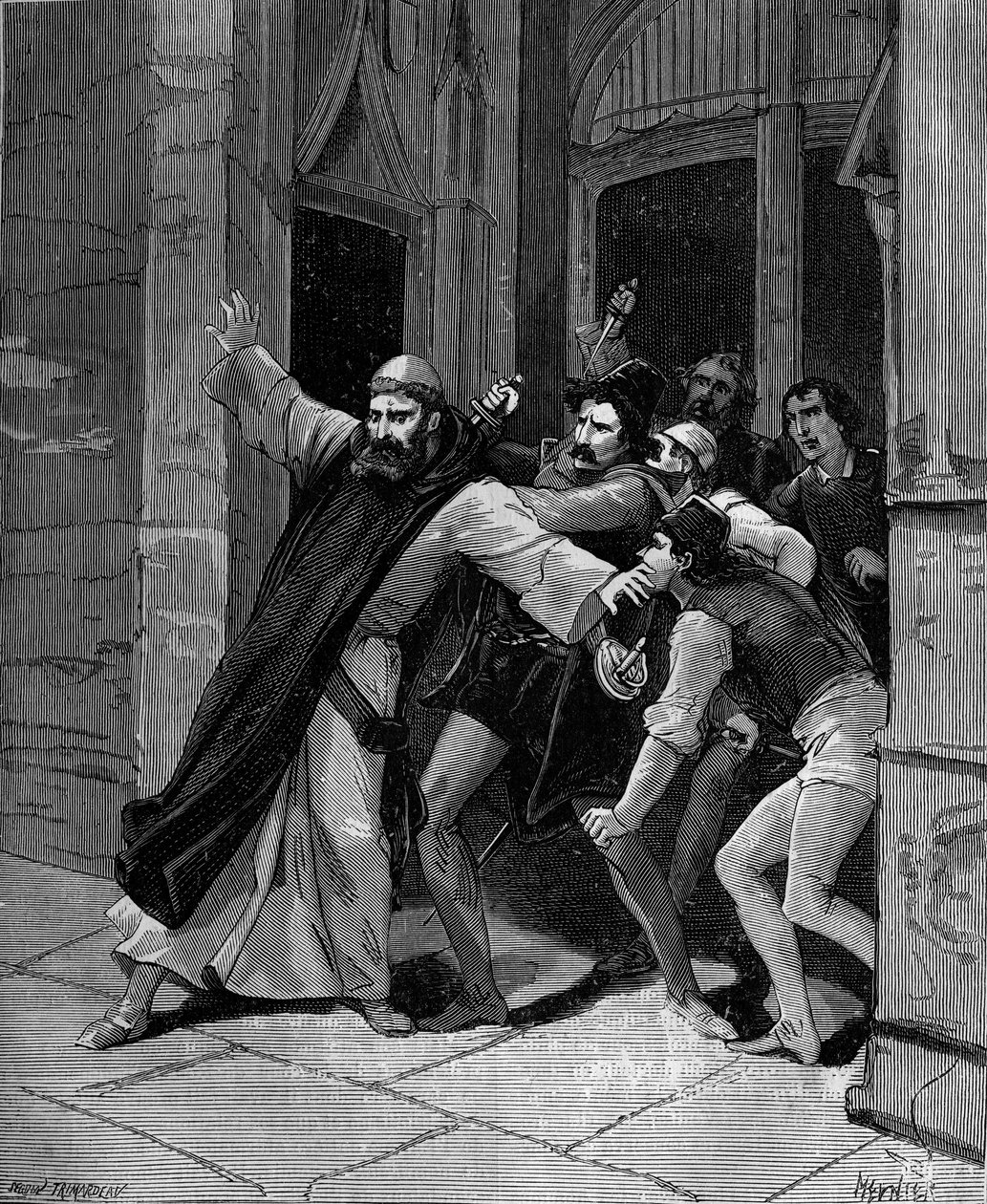 Pietro Paolo Sarpi, conhecido como Fra Paolo, da Ordem dos Servos de Maria (1552-1623), historiador veneziano ferido por assassinos em 5 de outubro de 1607, em Veneza. de French School