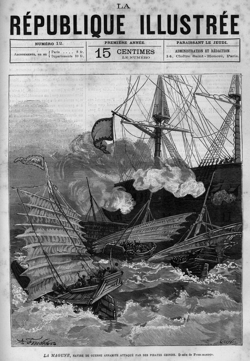 Pirataria: o navio de guerra Annamite "La Magune" atacado por piratas chineses. Um jornal. Gravura de 1880 na colecção privada "La republique illustree". de French School