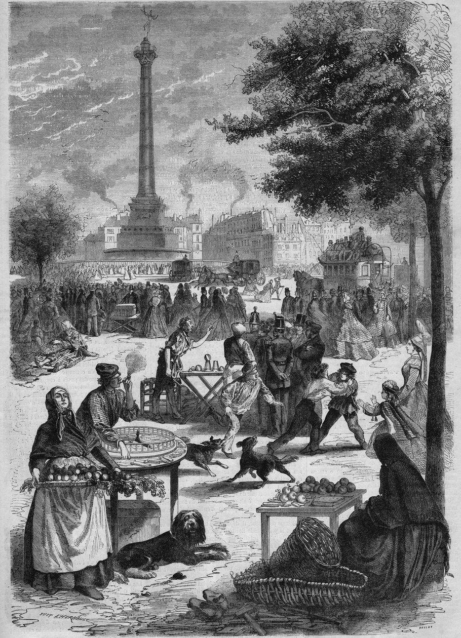 Place de la Bastille num domingo de Setembro. Gravação após um esboço de Pignard de 1865. de French School
