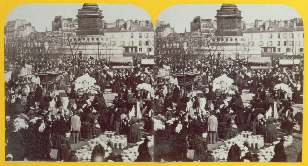 Place de la Bastille, feira de presunto, Paris, vista estereoscópica, c.1860 de French School