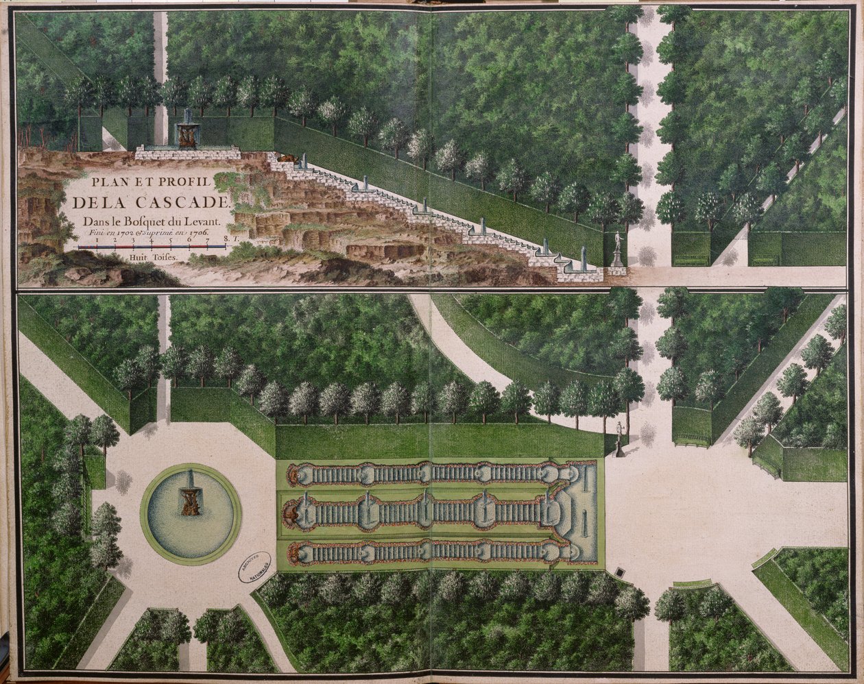Plano e corte transversal da cascata no bosque do Levante, de Gardens at Marly, início do século XVIII (wc no papel) (ver também 174228) de French School