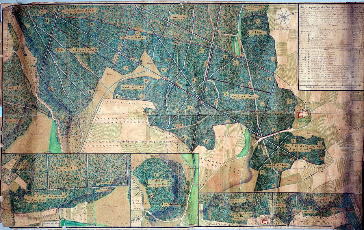 Plano e levantamento dos bosques pertencentes às freiras de Port Royal des Champs (Port-Royal-des-Champs) 1723 Paris, Arquivos nacionais de French School