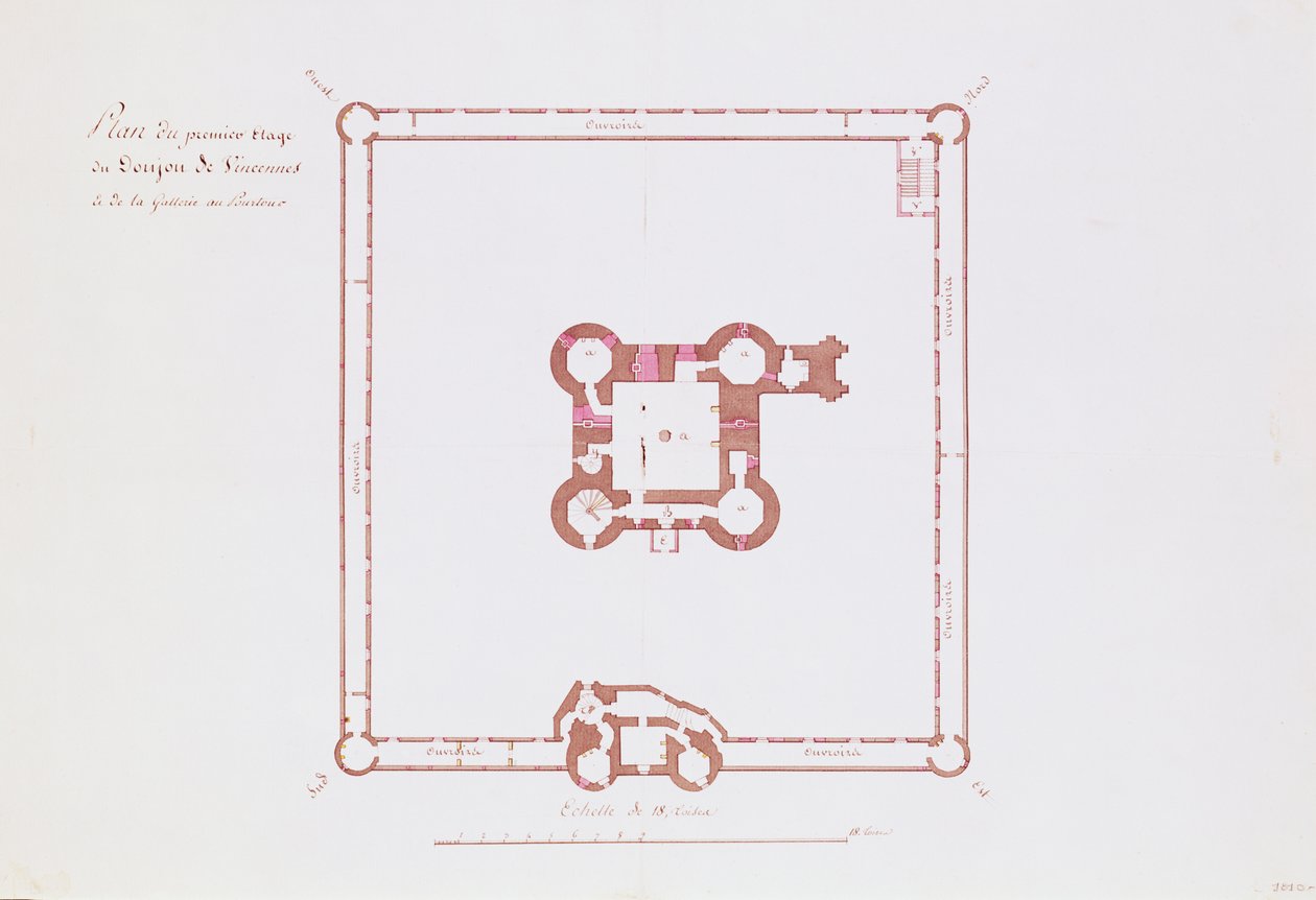 Plano para o primeiro andar do Donjon em Vincennes, 1810 (caneta e tinta no papel) de French School