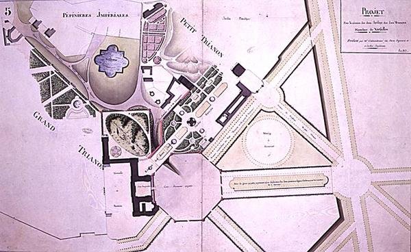 Plano do "Projeto de reunião dos dois jardins dos dois Trianons" em Versalhes, julho de 1808 (caneta e tinta e aquarela sobre papel) de French School