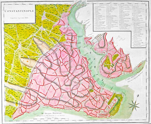 Plano de Constantinopla (gravura colorida à mão) de French School