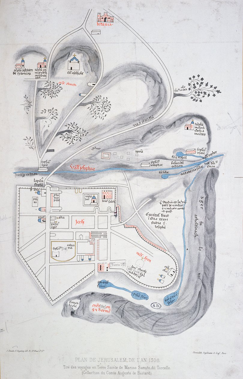 Plano de Jerusalém em 1308, a partir de uma edição fac-símile da expedição à Terra Santa por Marino Sanuto deuses Torcello (c.1260-1338) de French School
