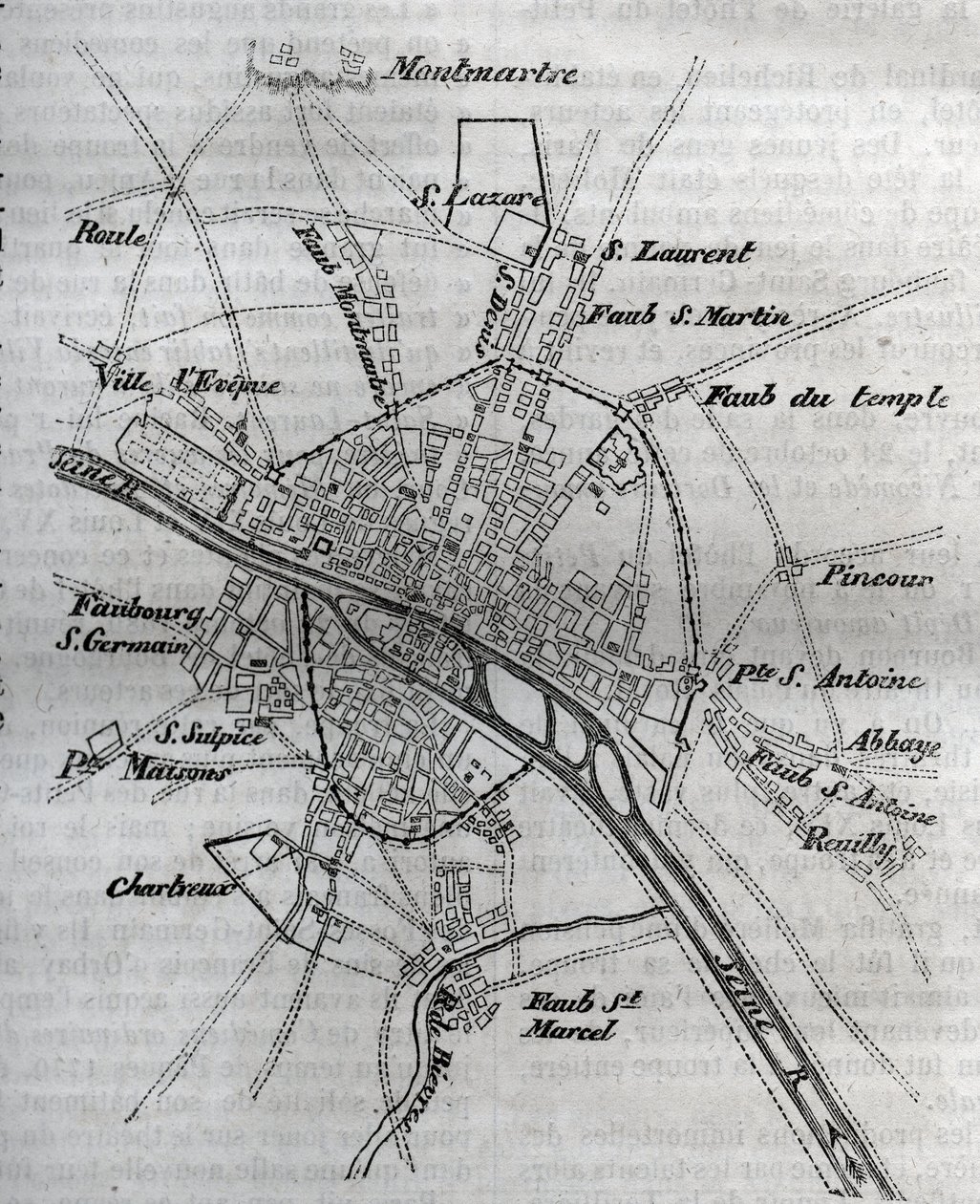Plano de Paris sob Henri III (1580) Gravação em "Histoire physique, civile et morale de Paris: depuis les premiers temps historiques à nos jours" de Jacques Antoine Dulaure de French School