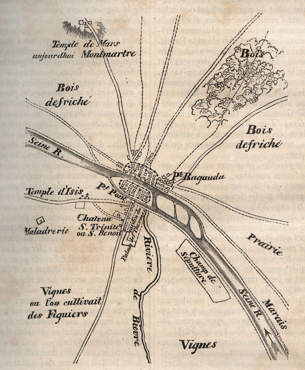 Plano de Paris sob os Merovingianos - Gravura na "História física, civil e moral de Paris: dos primeiros tempos históricos até aos nossos dias" de Jacques Antoine Dulaure de French School