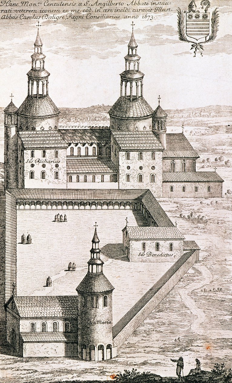 Plano da abadia beneditina de Saint-Riquier em 1673 de French School