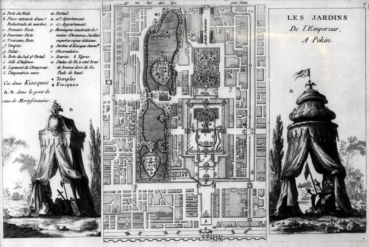 Plano dos Jardins do Imperador de Pequim, dos Jardins Anglo-Chinois à la Mode, de George Louis le Rouge, publicado em c.1776-78 de French School