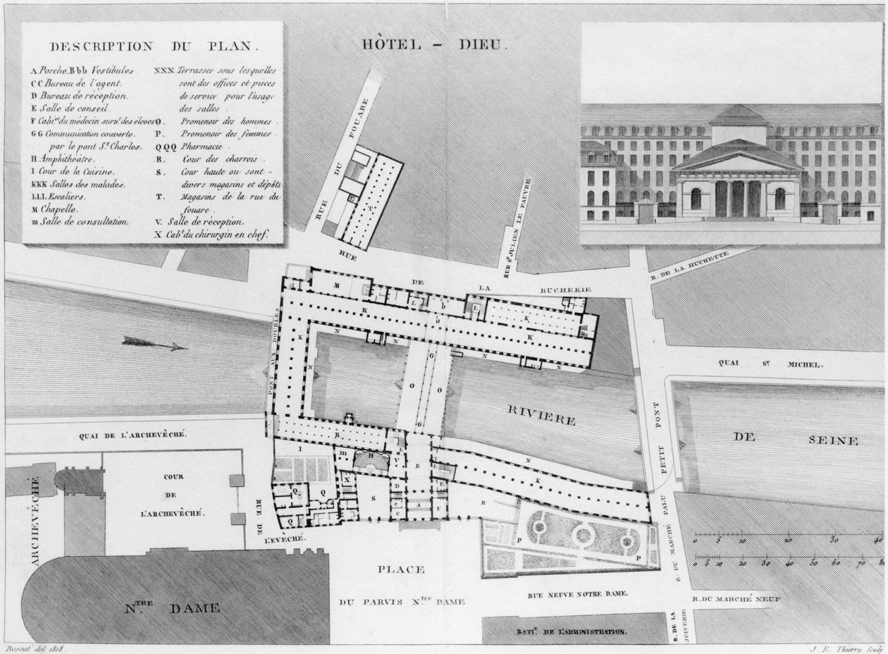 Plano do Hotel-Dieu, Paris, ilustração da descrição de Hopitaux de Paris, gravada por Jacques Etienne Thierry (1750-1832) depois de Bessat, 1808 de French School
