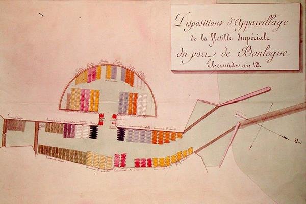 Plano da Flotilha Imperial no porto de Boulogne no dia 17 de janeiro de 1804 (caneta e tinta e wc no papel) de French School