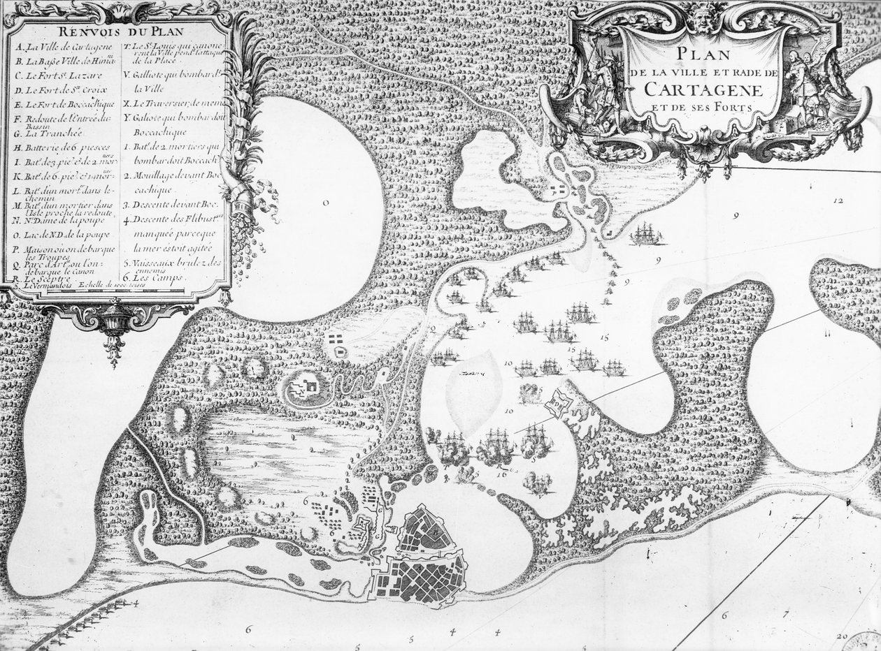 Plano da cidade e porto de Cartagena, Colômbia, em 1697 de French School