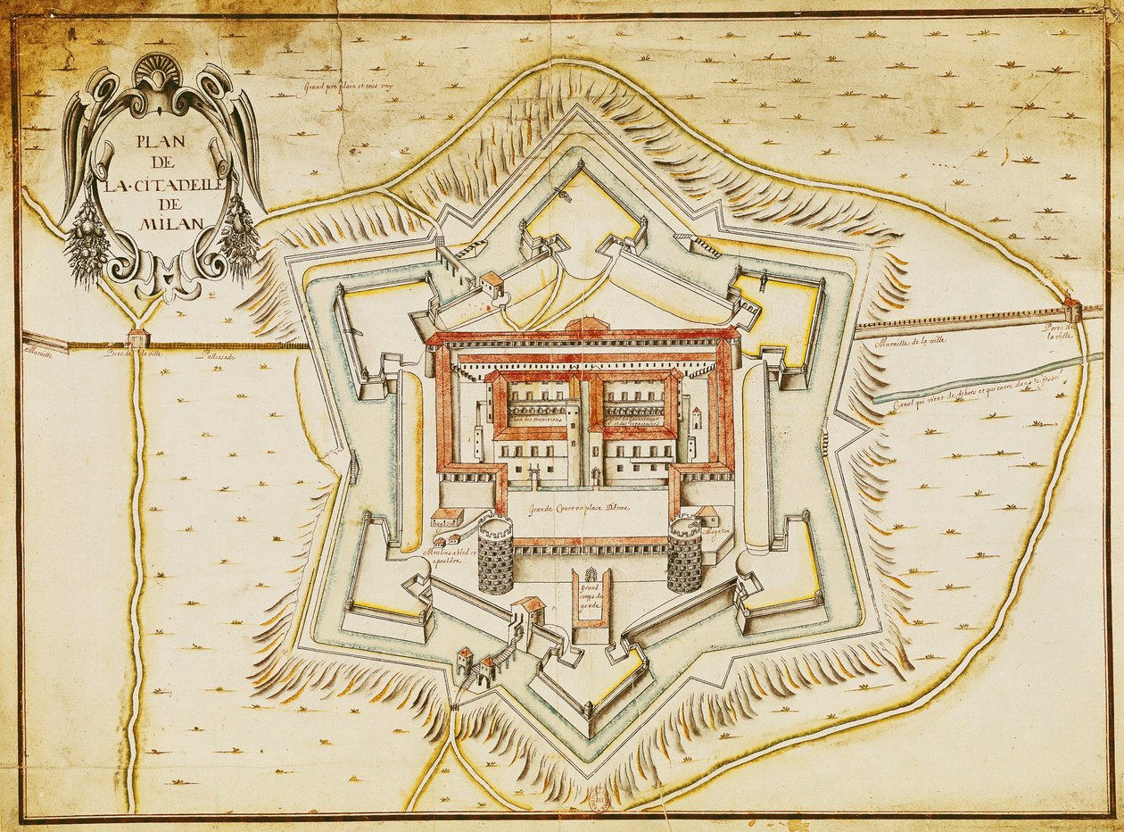 Plano da cidadela de Milão (caneta e tinta e wc no papel) de French School