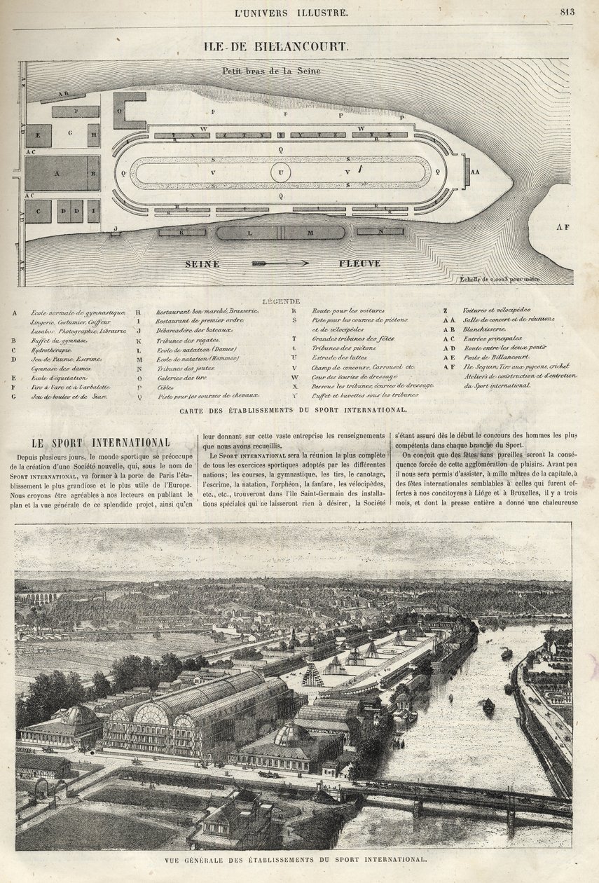 Plano do estabelecimento do Esporte Internacional, que deve ser construído na ilha de Billancourt em 1869 - visão geral dos estabelecimentos do esporte internacional na ilha de Billancourt em 1869 de French School
