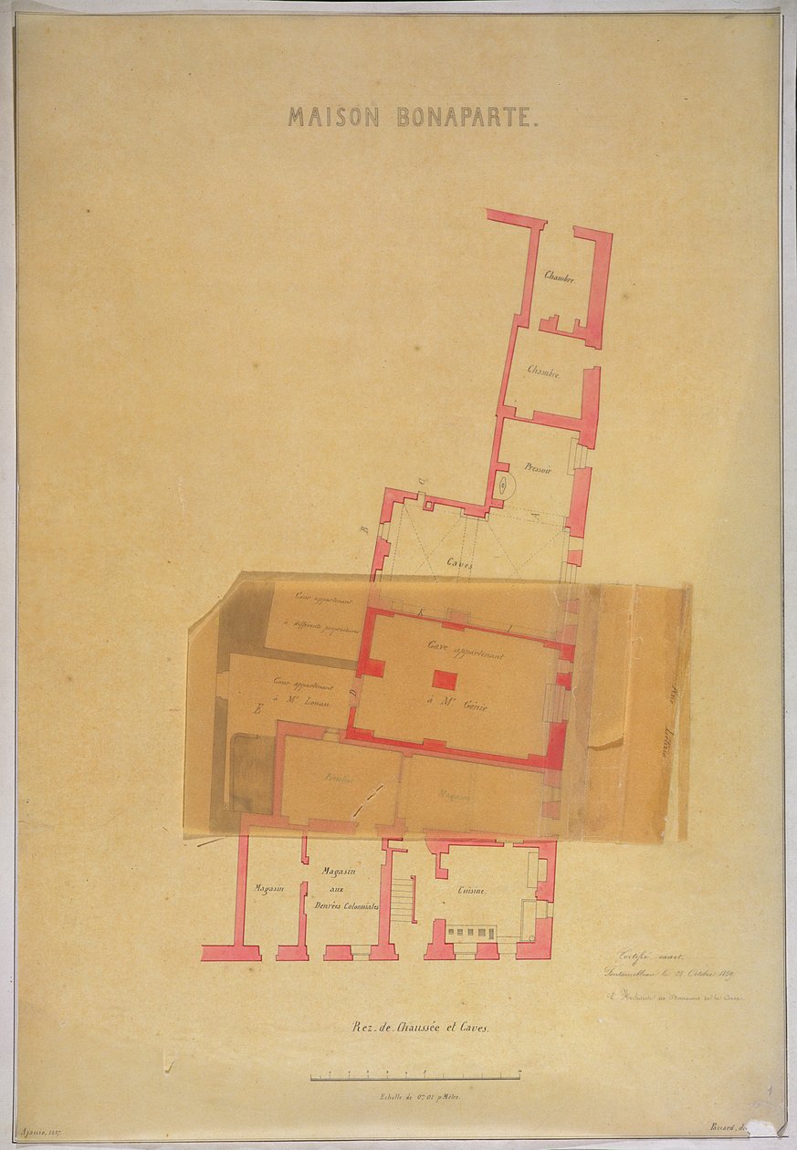 Plano do piso térreo e adegas da casa em Ajaccio, Córsega, onde nasceu Napoleão Bonaparte (1769-1821), 1837 de French School