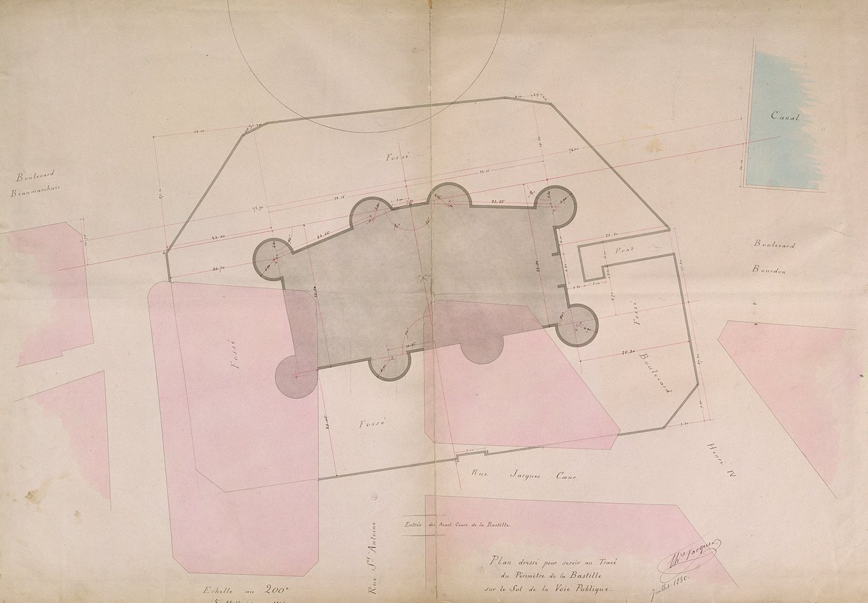Plano mostrando as linhas de perímetro da Bastilha, 1830 de French School