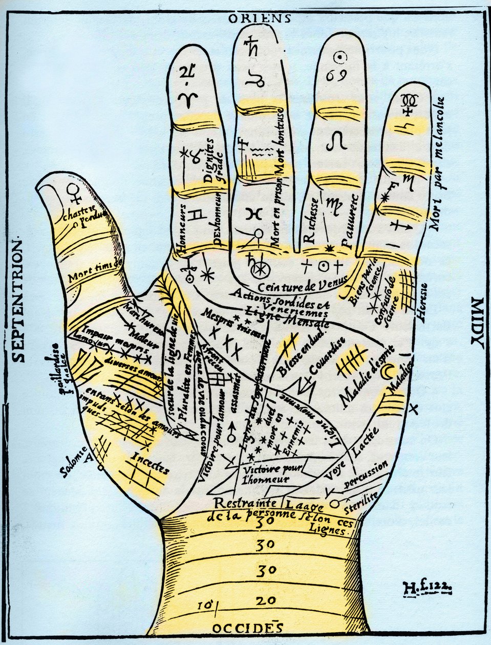 Diagrama planetário e zodiacal da mão esquerda, de "Oeuvres Diverses", de Jean Belot de French School