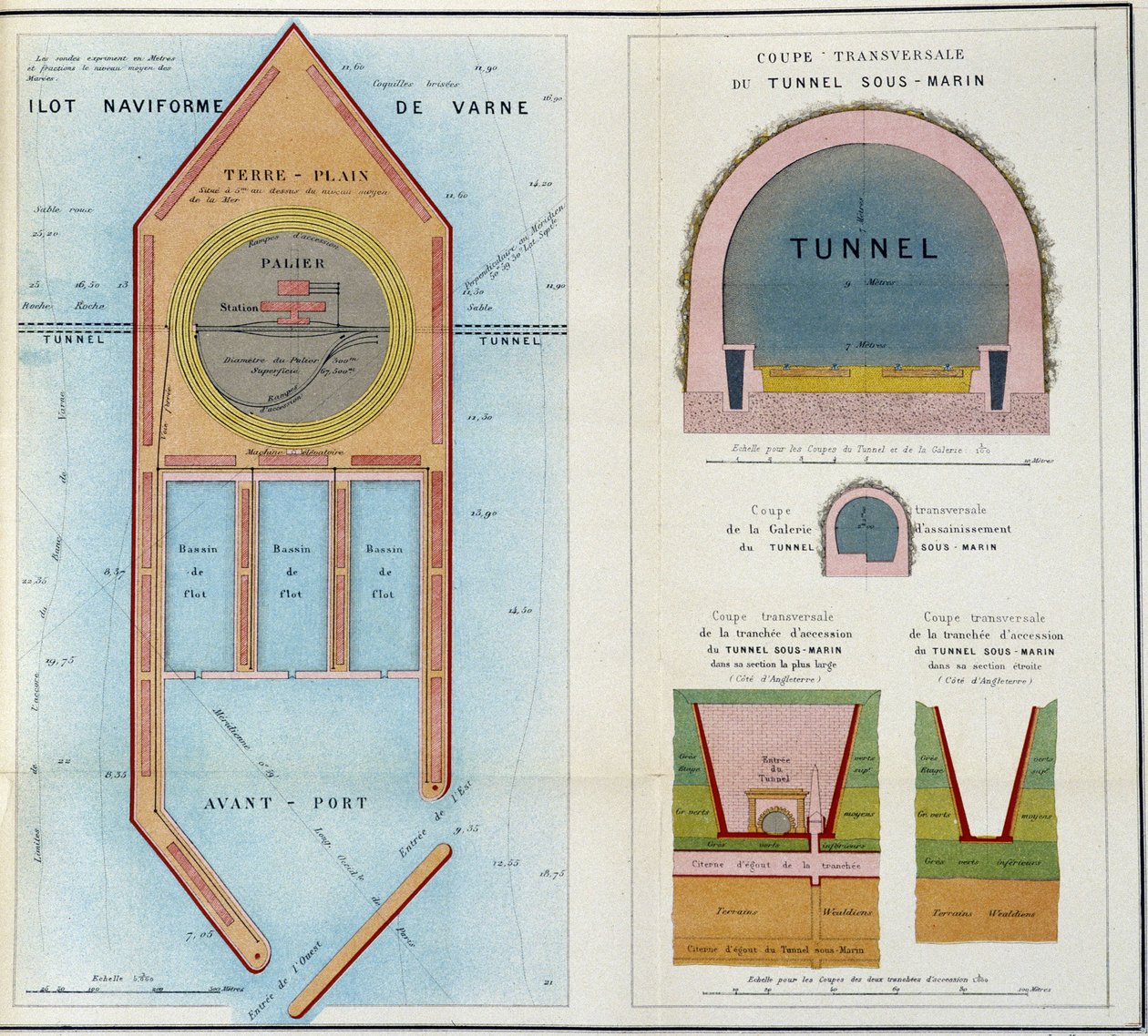 Planos da "Memória sobre os planos do novo projecto de um Túnel Subaquático entre Inglaterra e França produzido na Exposição Mundial de 1867" por M.A. Thomé de Gamond de French School