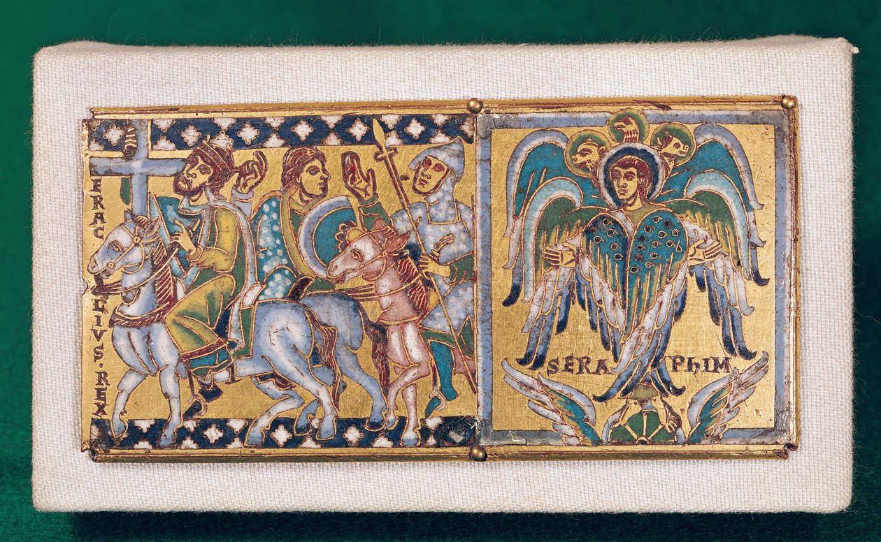 Placa representando Heráclio (c.575-641) e a Visão de Ezequiel, Escola Mosane (esmalte pintado) de French School