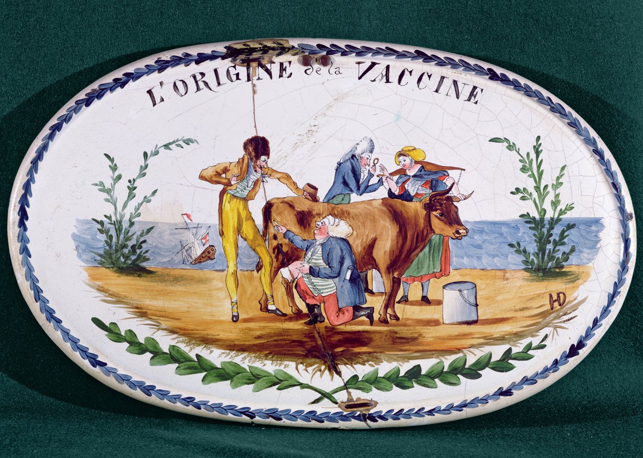 Placa representando a origem da vacinação, final do século XVIII (cerâmica vidrada) de French School