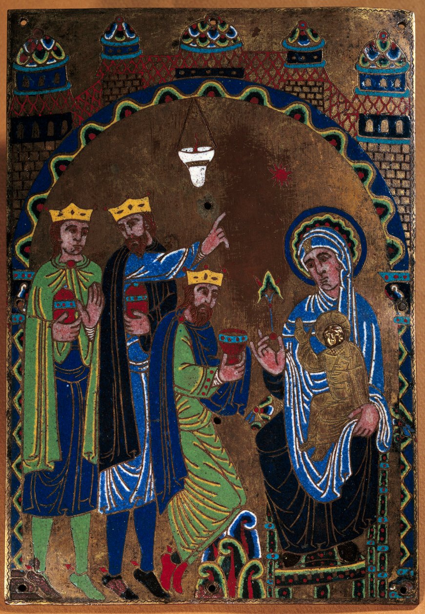 Placa do altar-mor da Abadia de Grandmont: Adoração dos Reis Magos. Esmalte de cobre e cinzel sobre cobre. 1275-1300. De Limoges. Paris, Museu Nacional da Idade Média, Termas de Cluny de French School