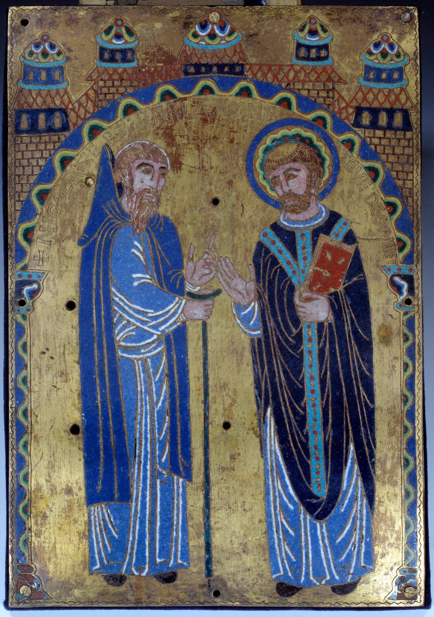 Placa do altar-mor da Abadia de Grandmont representando Santo Estêvão de Muret, fundador da Ordem de Grandmont, com seu discípulo prefeito Hugues Lasert (Lacerta). Email de Limoges. 1375-1400. Museu da Idade Média de Cluny, Paris. de French School
