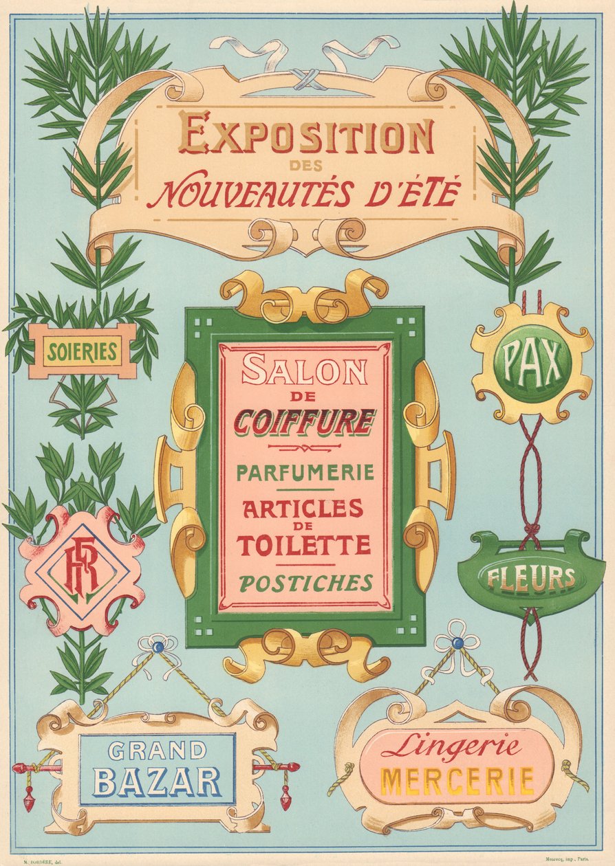 Placa nº 17: Modelos de sinalização para pintor Art Nouveau (Exposição, Cabeleireiro, Bazar, Retrosaria). de French School