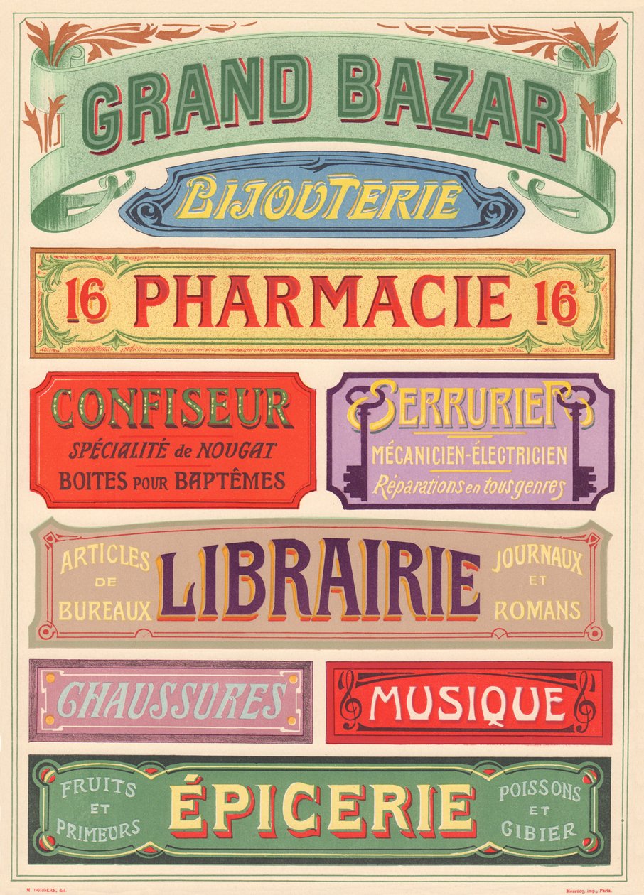 Placa n° 18: Modelos de sinalização para pintor de letras Art Nouveau (Grande bazar, Joalharia, Farmácia, Pasteleiro, Serralheiro, Livraria, Sapatos, Música, Mercearia). de French School
