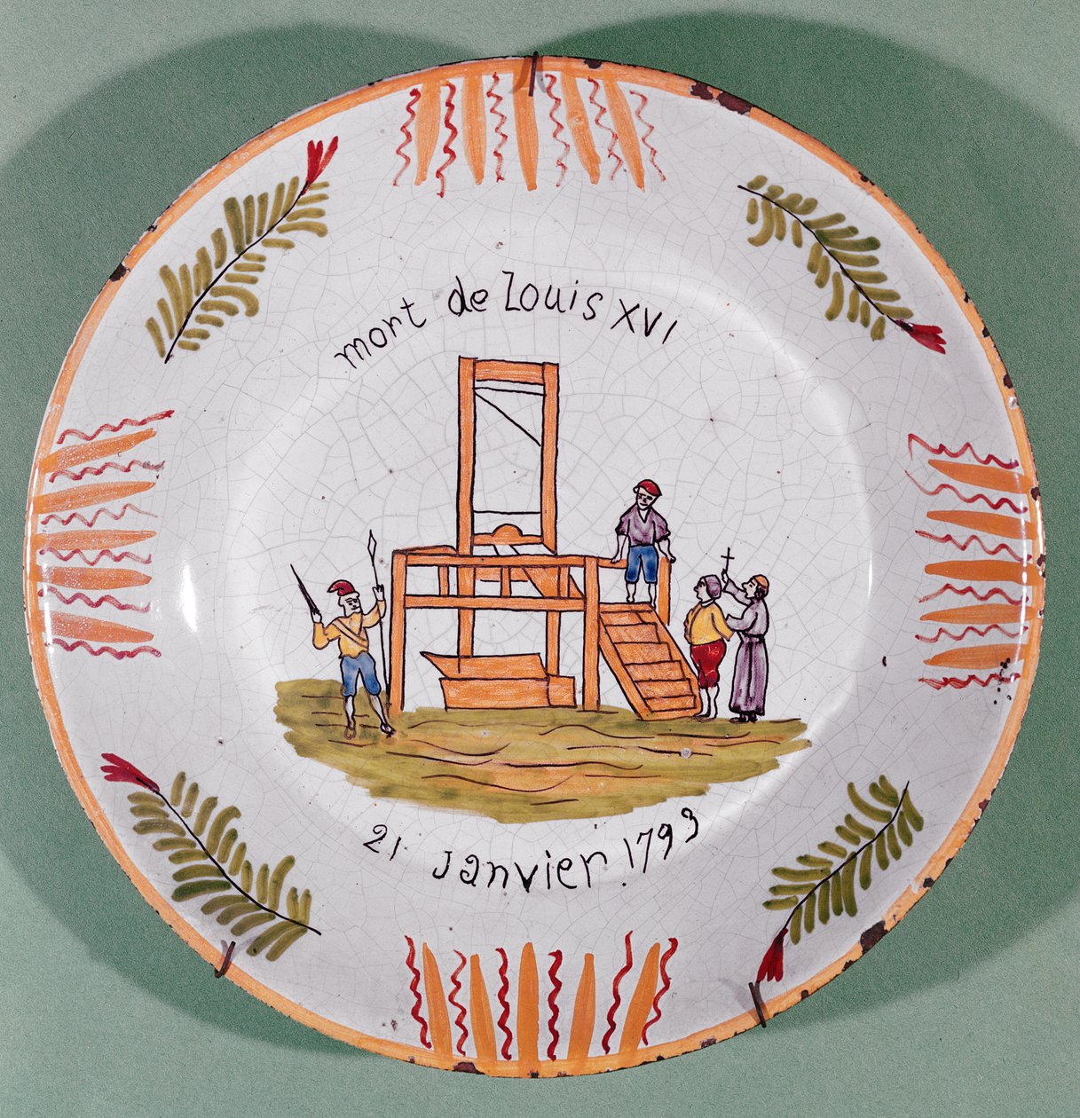 Placa com motivo revolucionário francês comemorativo da execução de Luís XVI em 21 de janeiro de 1793 (faiança) de French School